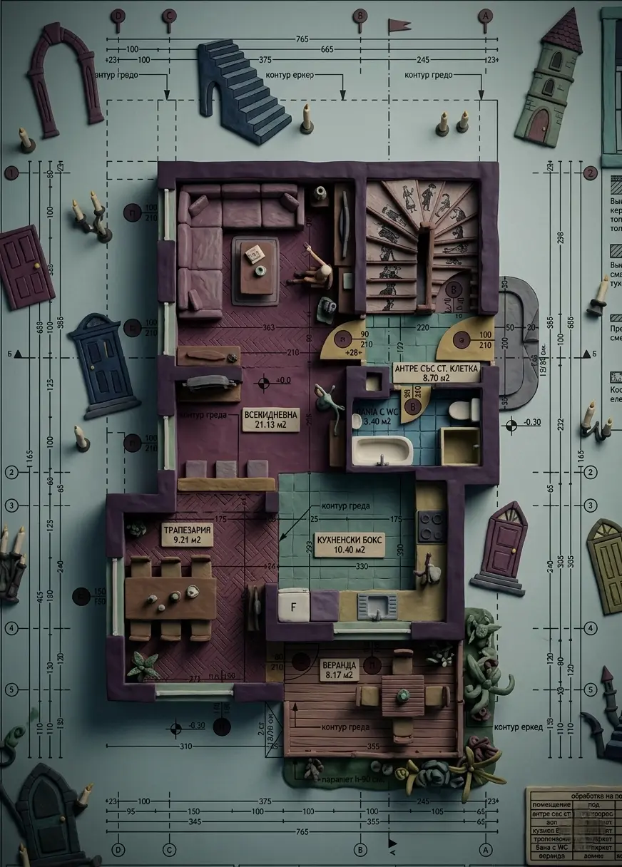 Архитектурен план на първия етаж, показващ разпределението на помещенията и входовете.