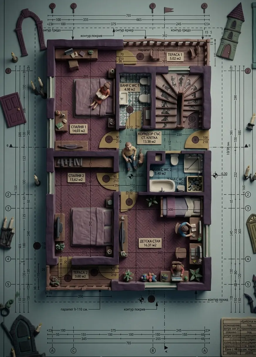 Архитектурен план на втория етаж с разпределение на спалните, баните и терасите.