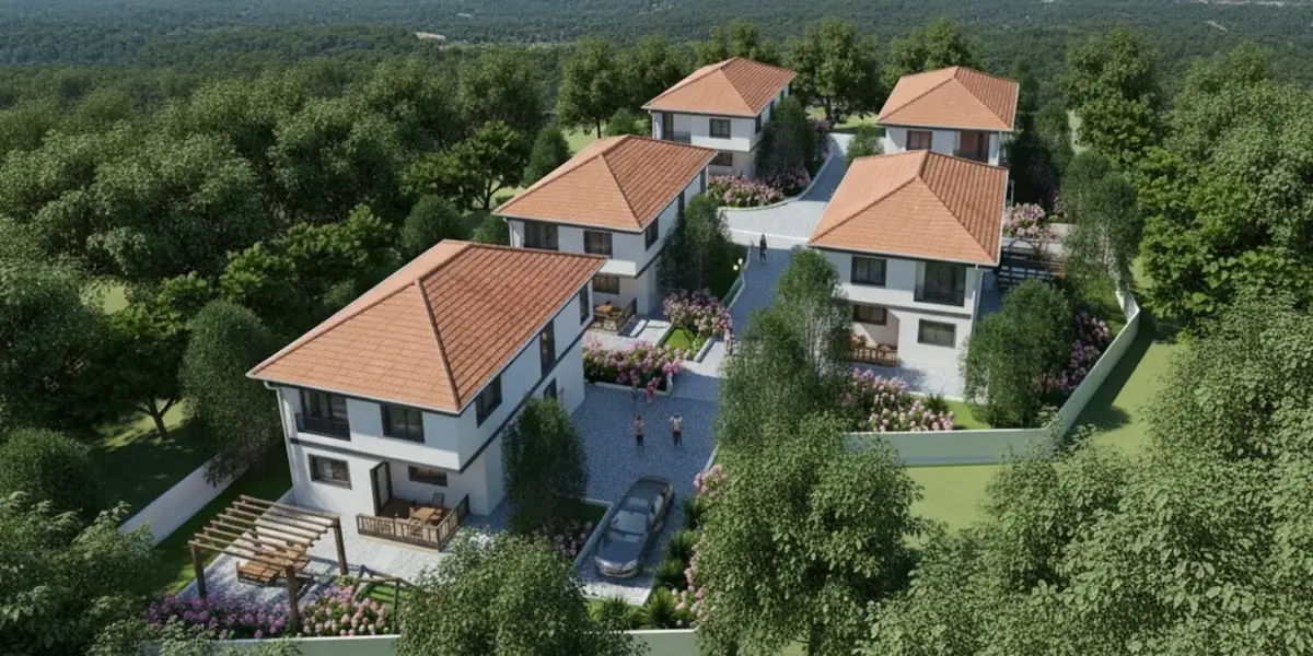 Комплекс от модерни двуетажни къщи с оранжеви керемидени покриви.